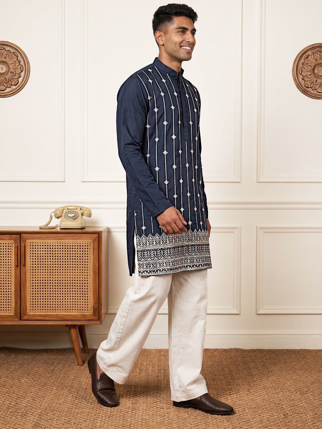 Men's Silk-Blend Embroidered Kurta with Korean Pants ( 65KP PJ11W S 5627 Navy )