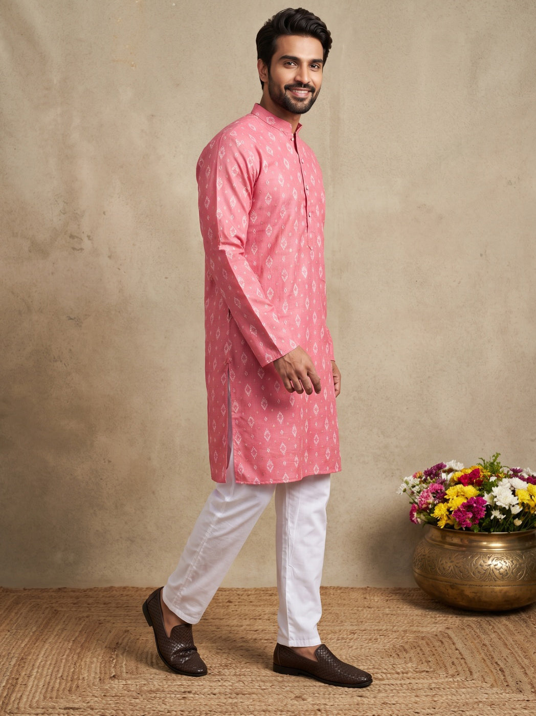 Men's Foil Print Traditional Kurta Pyjama ( 65KP W F 5630 Coral )