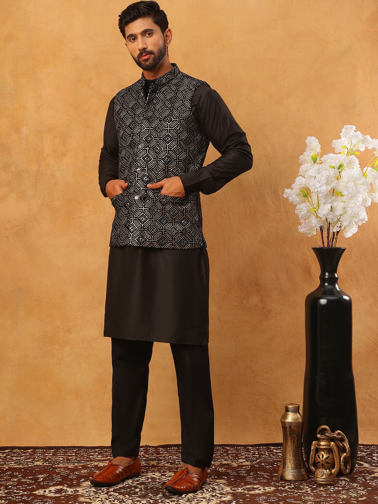 Velvet Embroidered Nehru Jacket Kurta Pyjama Set ( HOPKPWC_592B_7029Black )