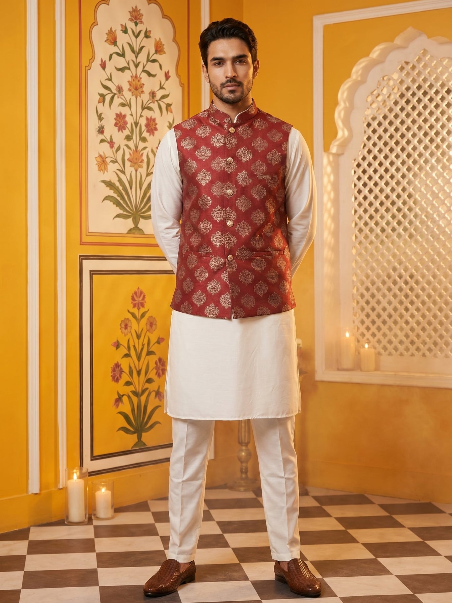 Men's Maroon Printed Nehru Jacket With Solid Kurta Pyjama ( JOKPWC 592W 4032Maroon )
