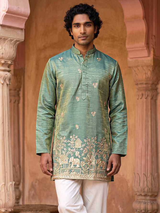 Silk Blend Embroidered Kurta for Men ( 65KO 5632 Green )