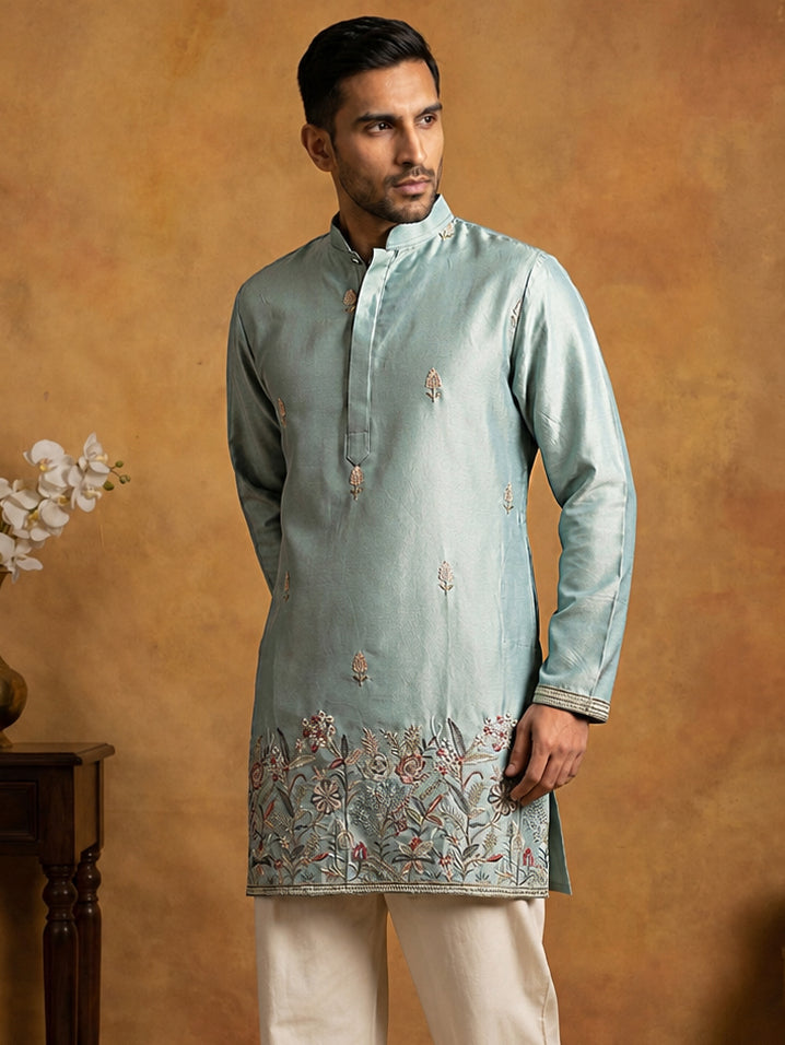 Silk Blend Embroidered Kurta for Men ( 65KO 5602Sky ) [FF] [G-4]