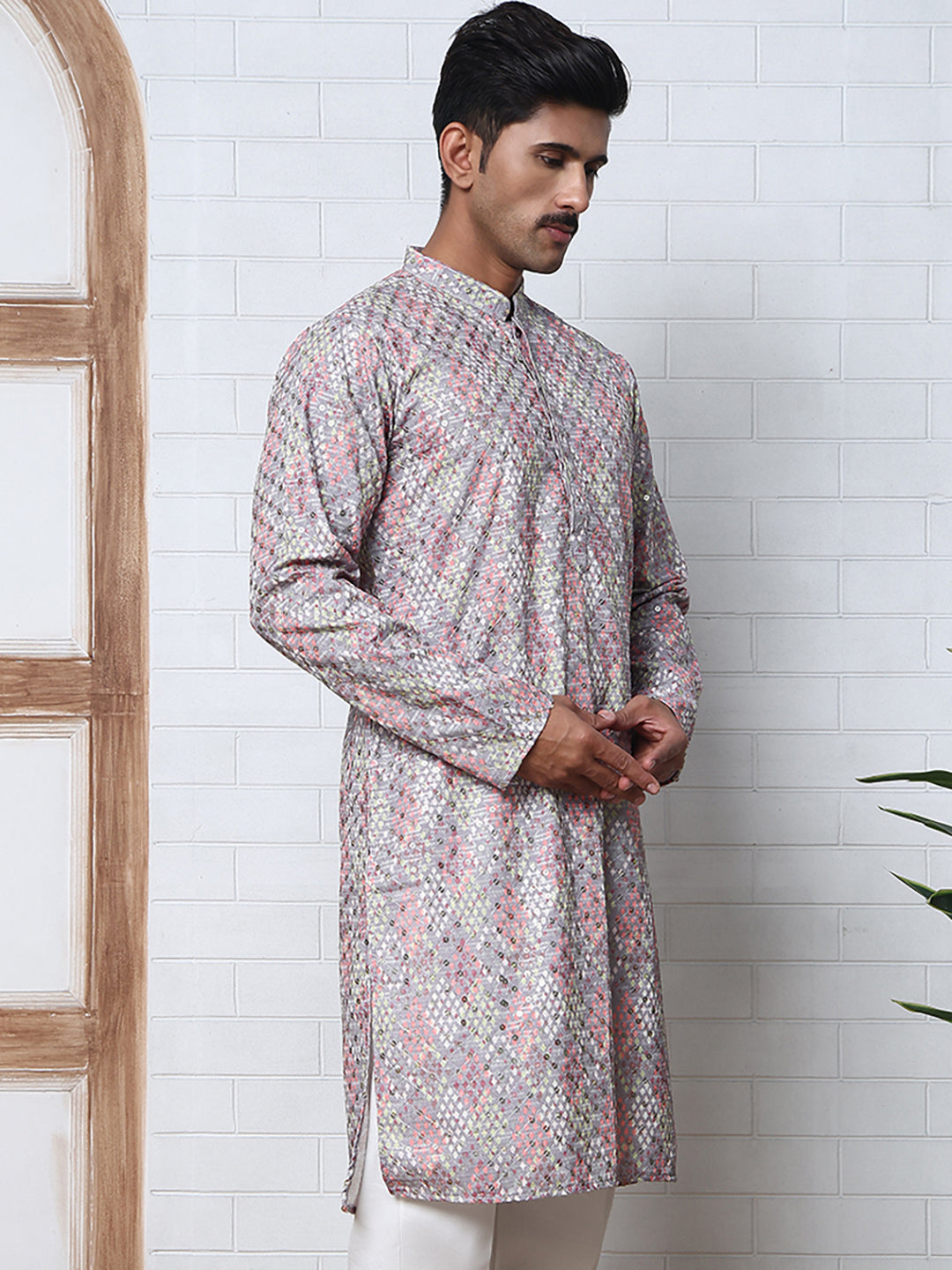 Men's Festive Sequins & Thread Work Kurtas ( ANMKO 288Grey )  [RT] [C-3]