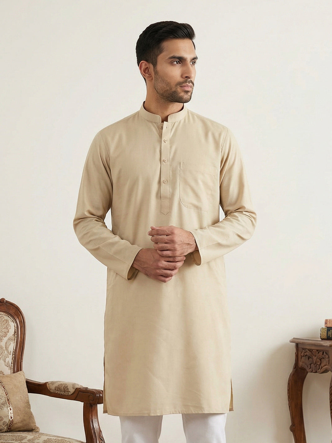Solid Cotton Kurta for Men ( KO 5144Beige )