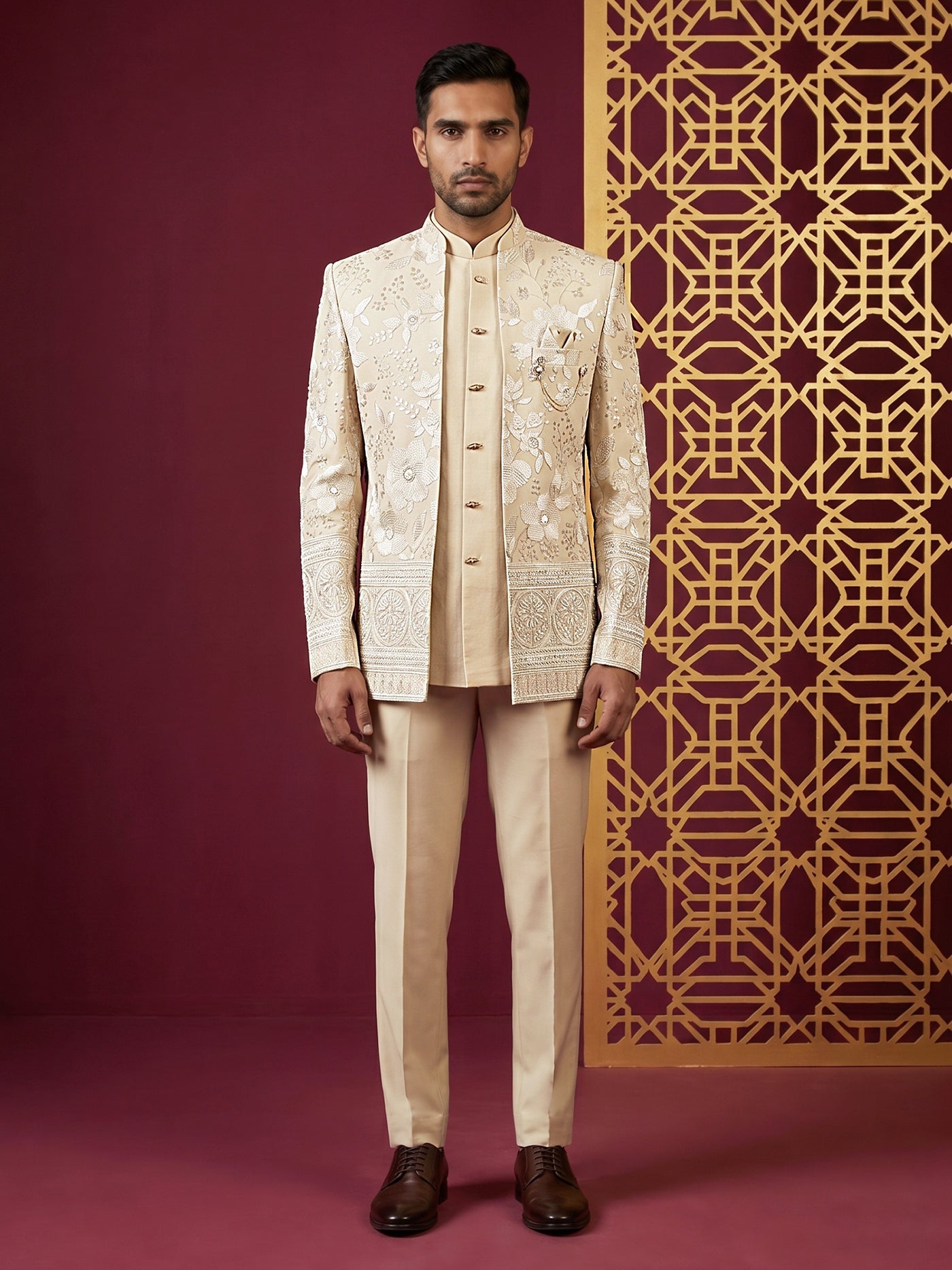 Silk Blend Floral Embroidered Indo-Western Set