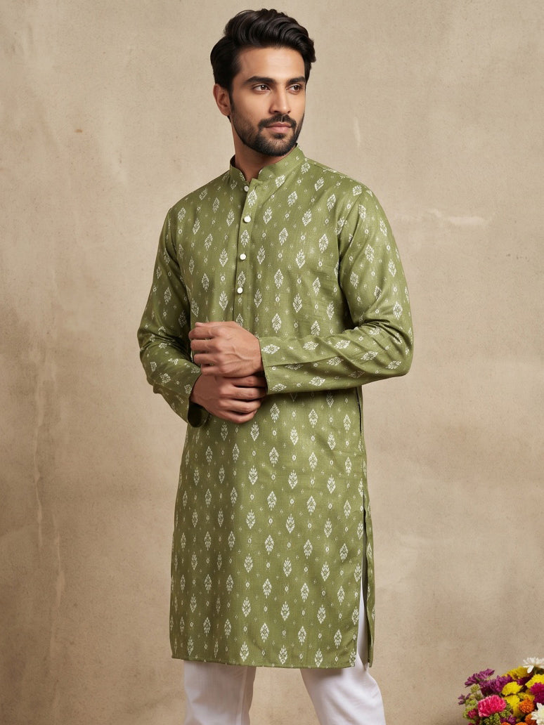 Men's Foil Print Traditional Kurta ( 65KO 5630 Olive )