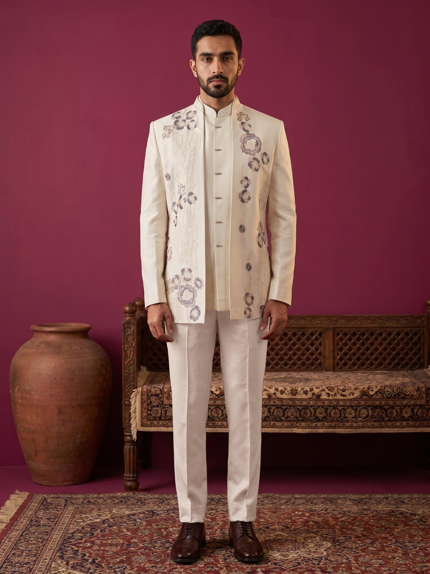Men Cotton Blend Floral Embroidered Indo-Western Set
