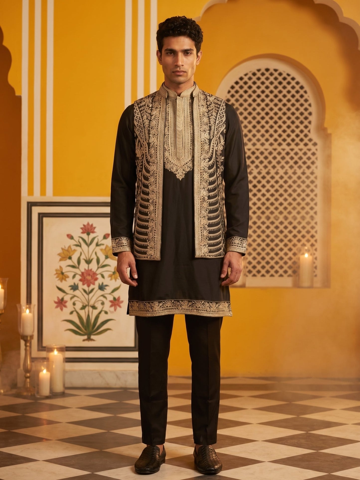 Men's Embroidered Waistcoat and Kurta Pyjama ( JOKPWCS 5054Black )