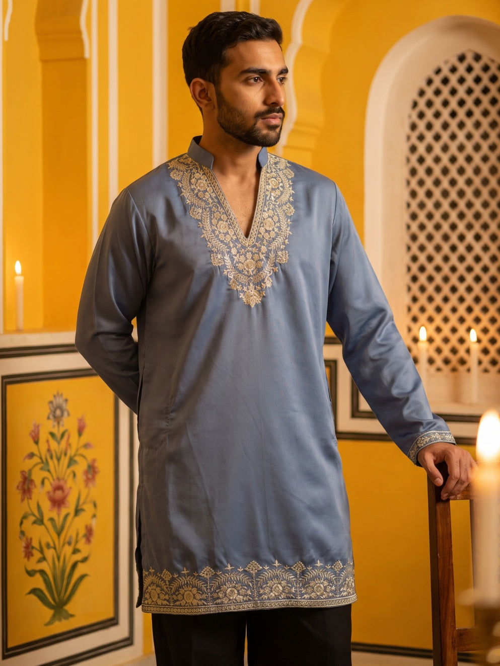 Cotton Blend Embroidered Kurta with Korean Pants ( 65KP PJ11B B 5634 Blue )