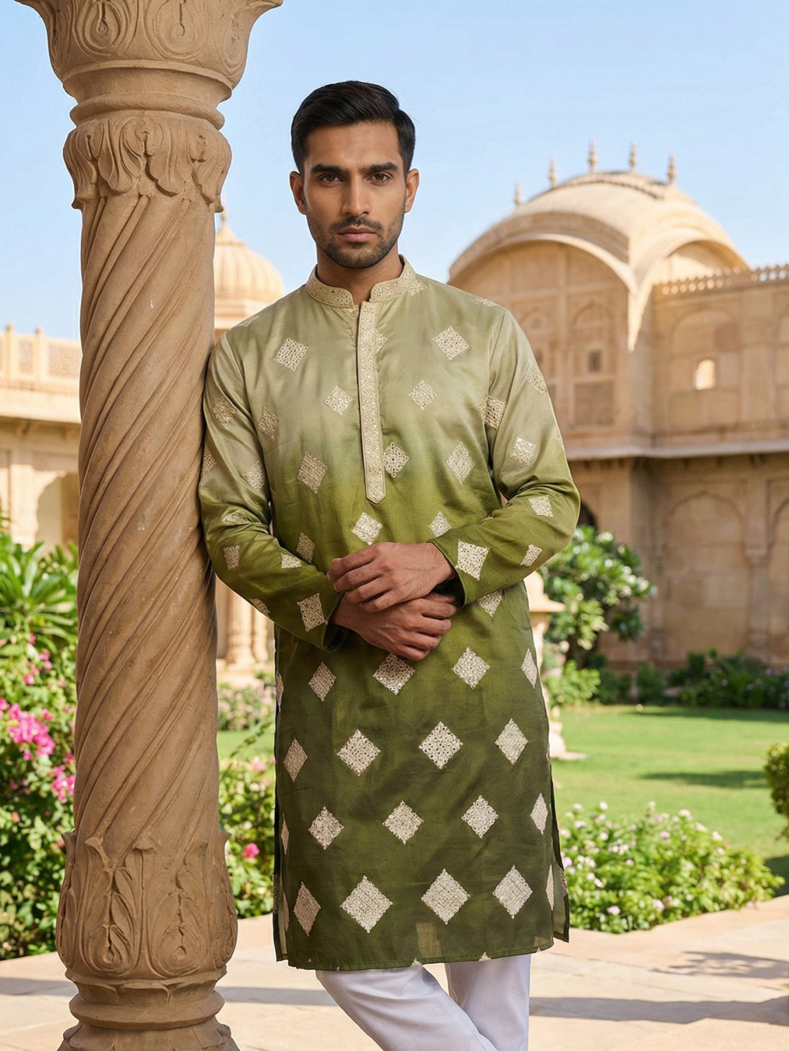 Embroidered Silk Blend Kurta with Dupatta ( HOPKO D 023Pista )