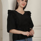 Black Solid Women's Top With Frills