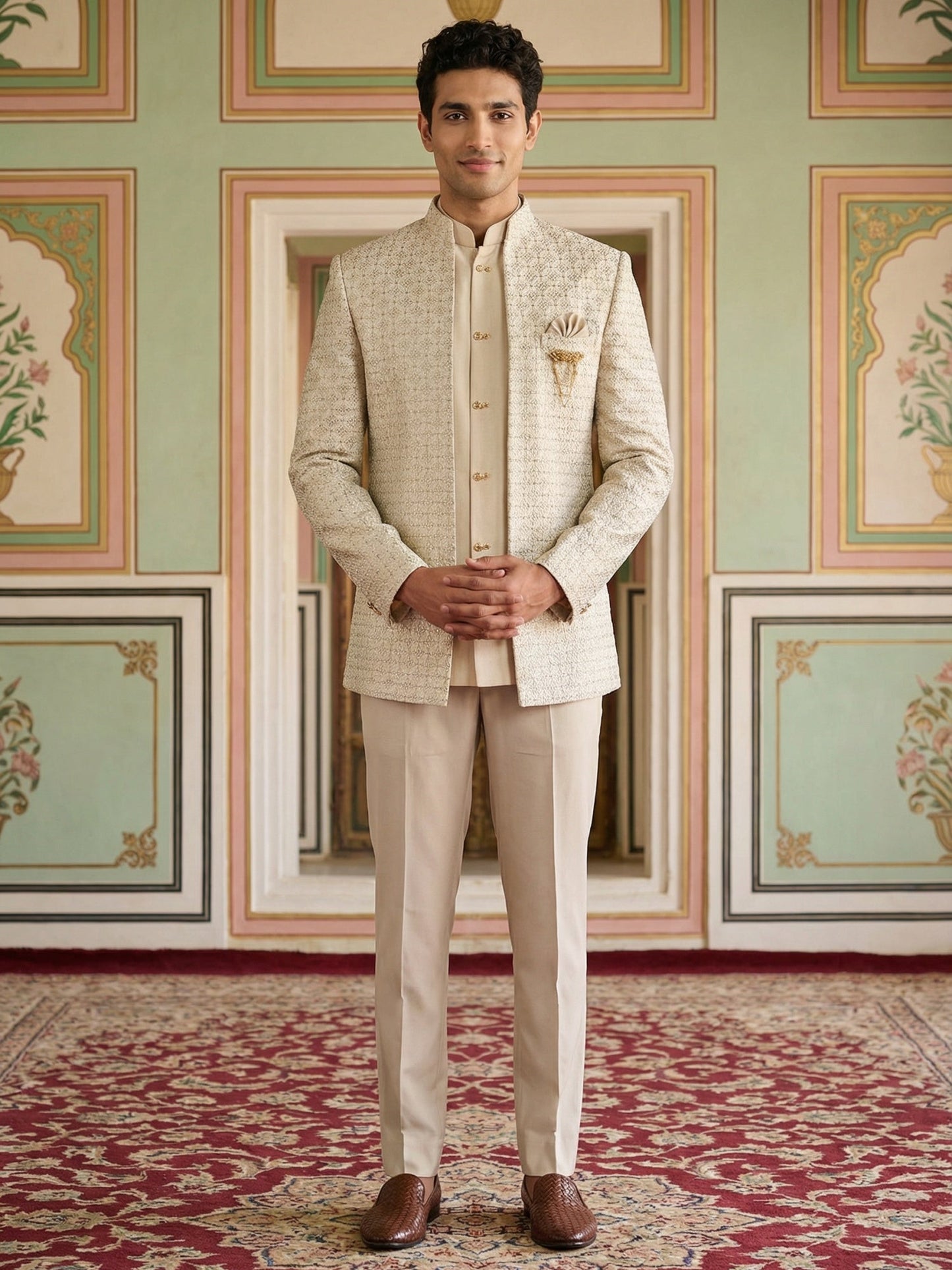 Men’s Embroidered Indo-Western Set ( 50JIND 131Cream S )