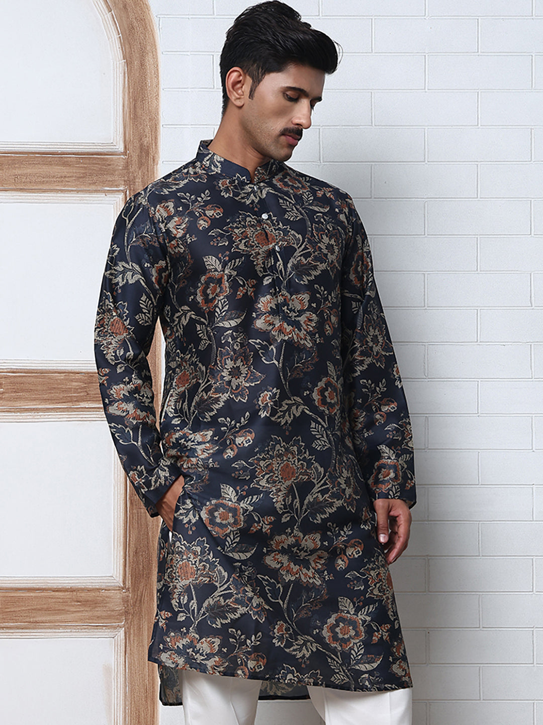 Cotton Blend Floral Printed Kurtas ( ANMKO 294Navy )  [RT] [M-5]