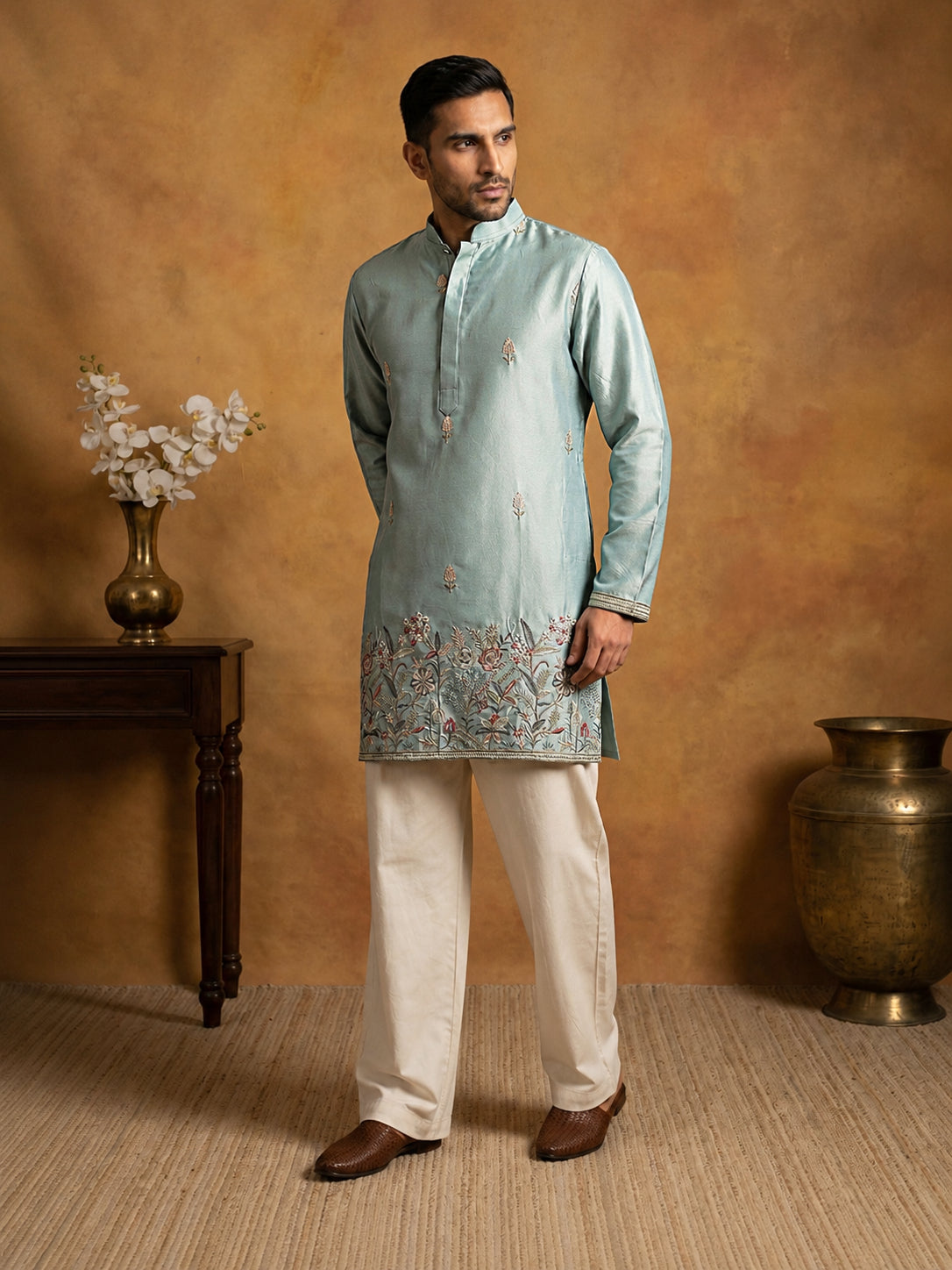 Silk Blend Embroidered Kurta & Korean Pants Set ( 65KP PJ11W 5602Sky ) [FF] [G-4]