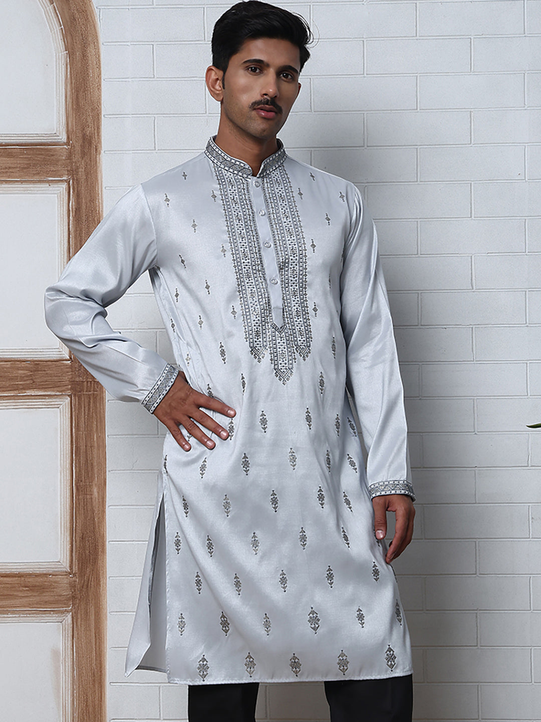 Silk Blend Ethnic Embroidered Kurtas ( ANMKO 296Blue )