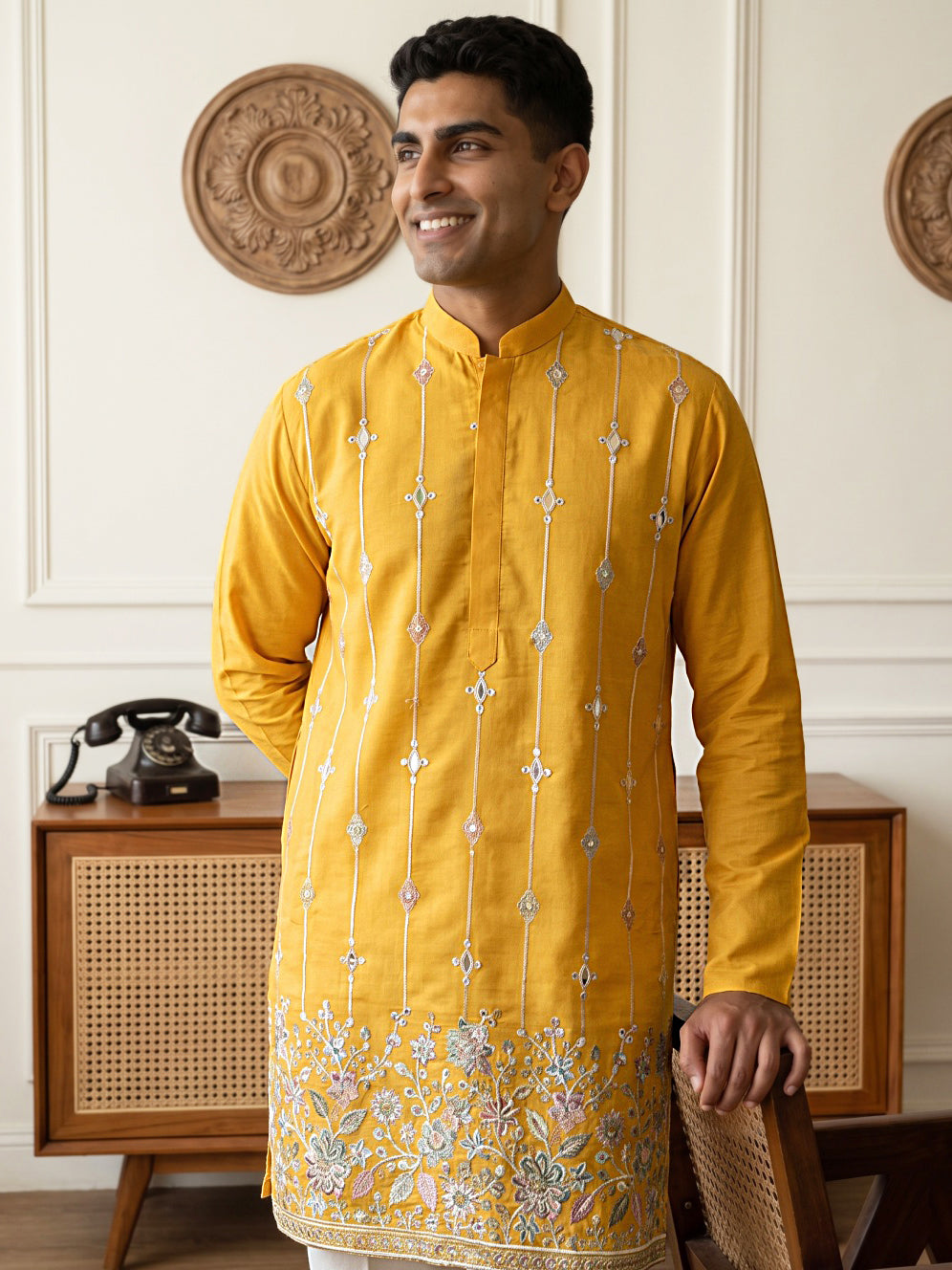 Men's Silk-Blend Embroidered Kurta with Korean Pants ( 65KP PJ11W S 5637 Mustard )