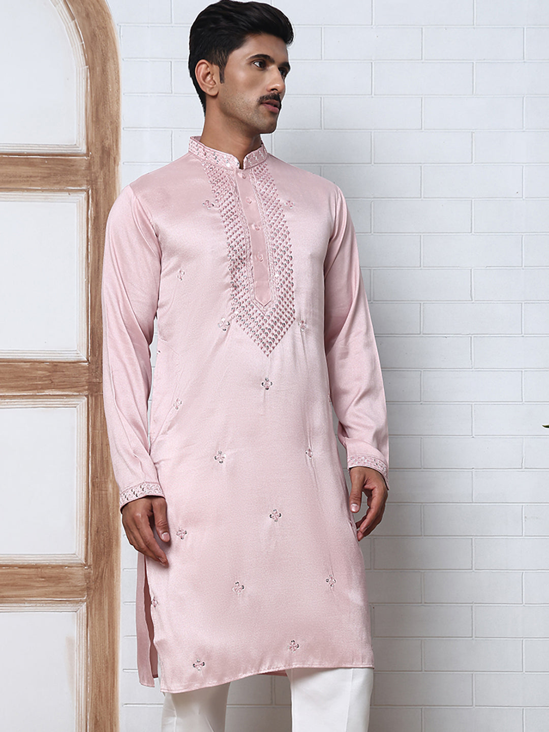 Men Silk Blend Festive Embroidered Kurtas ( ANMKO 286Peach )  [RT] [M-6]