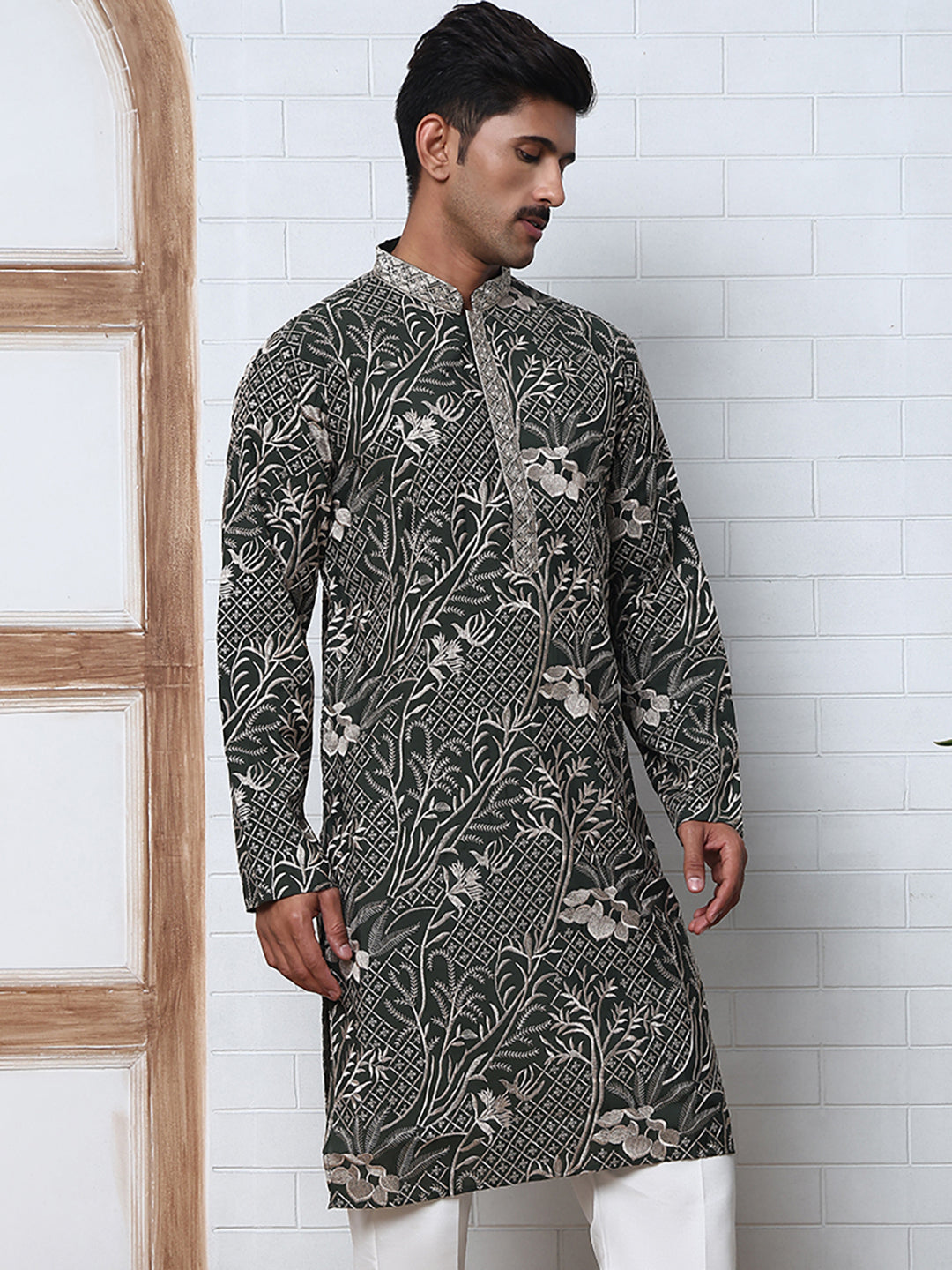 Embroidered Silk-Blend Kurtas ( ANMKO 289Olive )  [RT] [H-5]