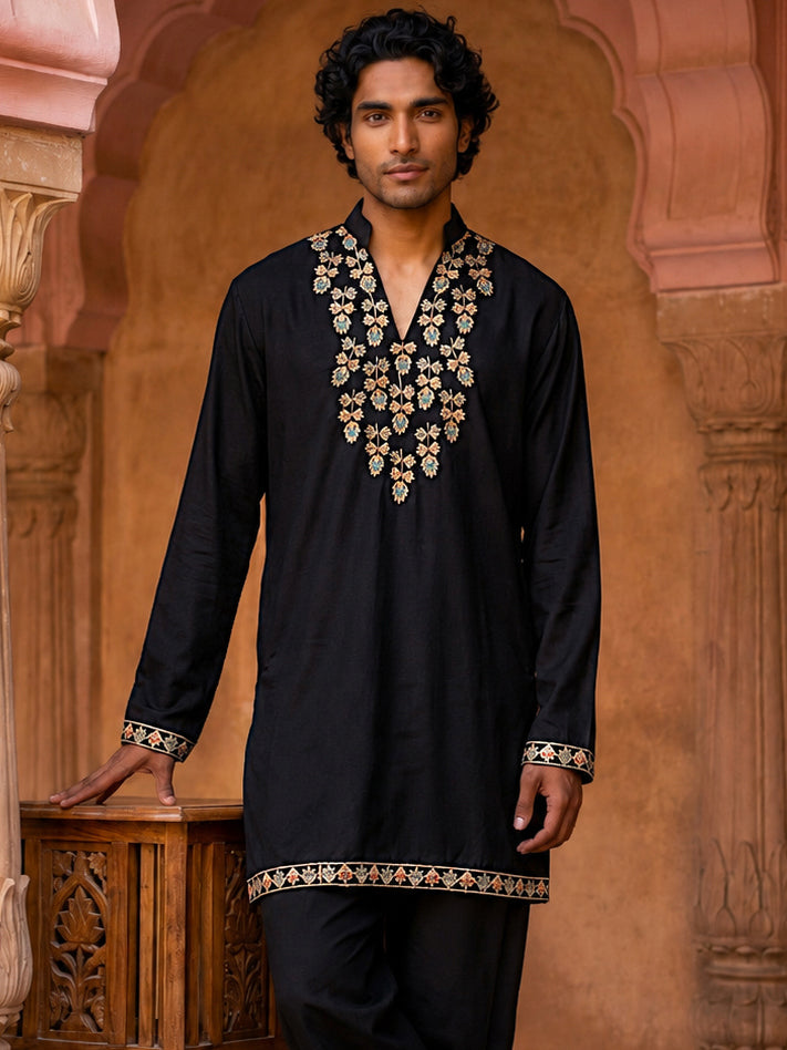 Japanese Fabric Designer Embroidered Kurta ( 65KO 5633 Black )