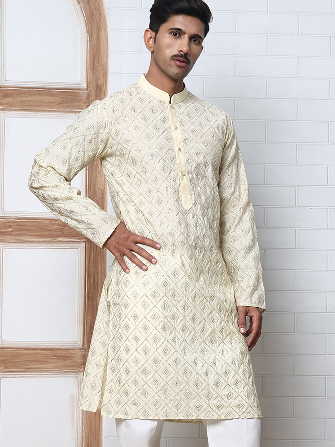 Geometric Sequin Pattern Kurtas ( ANMKO 282Cream )  [RT] [L-4]