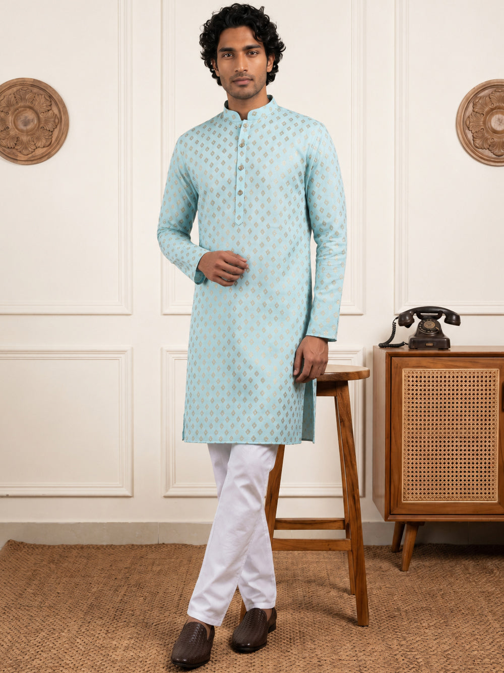 Men's Foil Print Traditional Kurta Pyjama ( 65KP W F 5642 Sky )