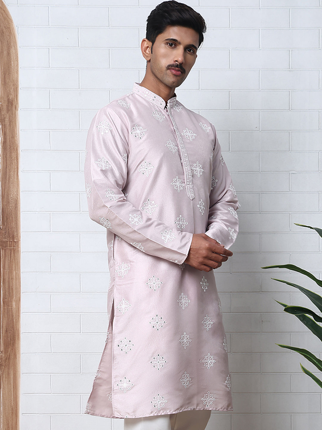 Men's Silk Blend Mirror & Thread Work Kurtas ( ANMKO 287Lavender )  [RT] [D-4]
