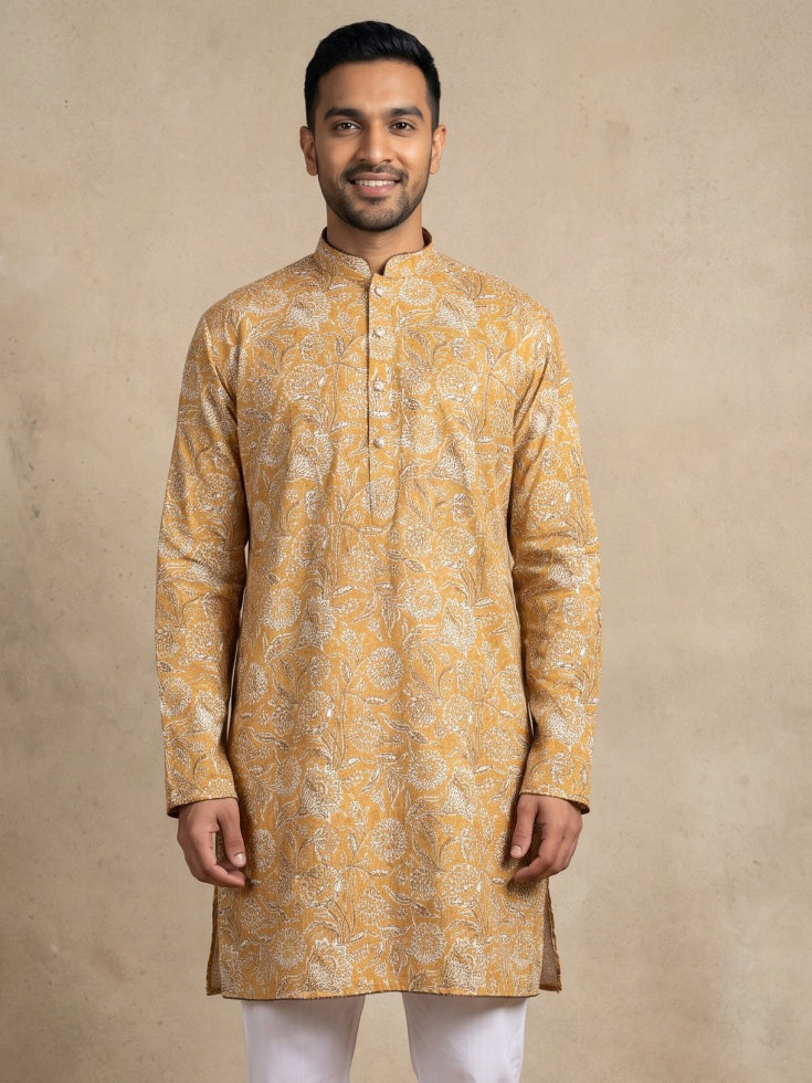 Floral Print & Thread Work Kurta for Men ( 65KO 5640 Mustard )