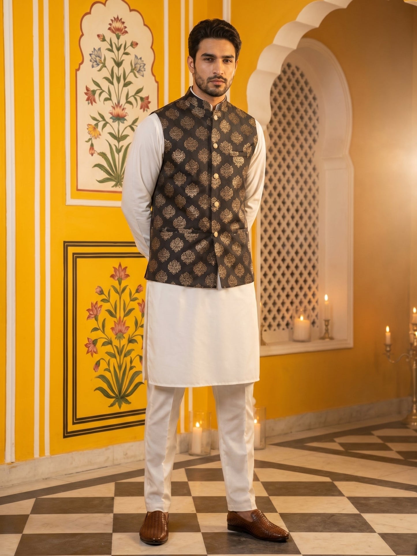 Men's Black Printed Nehru Jacket With Solid Kurta Pyjama ( JOKPWC 592W 4032Black )