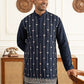 Men's Silk-Blend Embroidered Kurta with Korean Pants ( 65KP PJ11W S 5627 Navy )