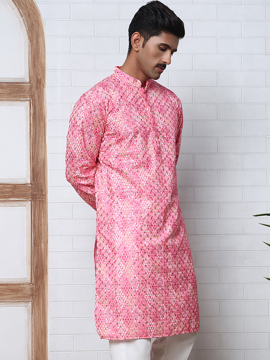 Men's Festive Sequins & Thread Work Kurtas ( ANMKO 288Pink )  [RT] [C-3]