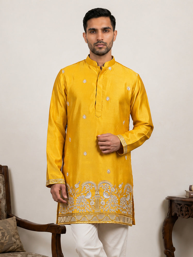 Silk Blend Embroidered Kurta for Men ( 65KO 5600Mustard ) [FF] [G-4]
