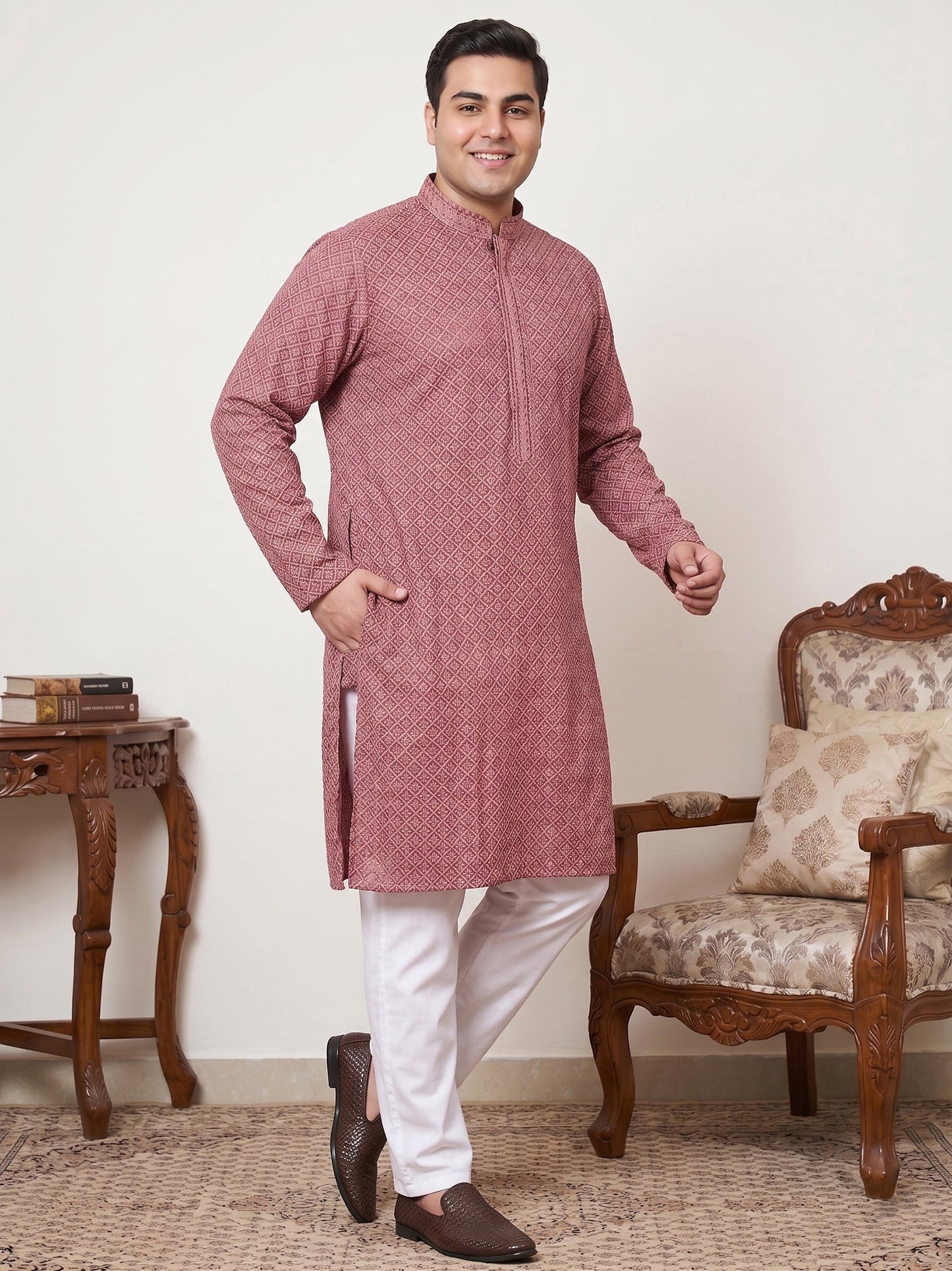 Magenta Embroidered and Sequence Kurta with Pyjama