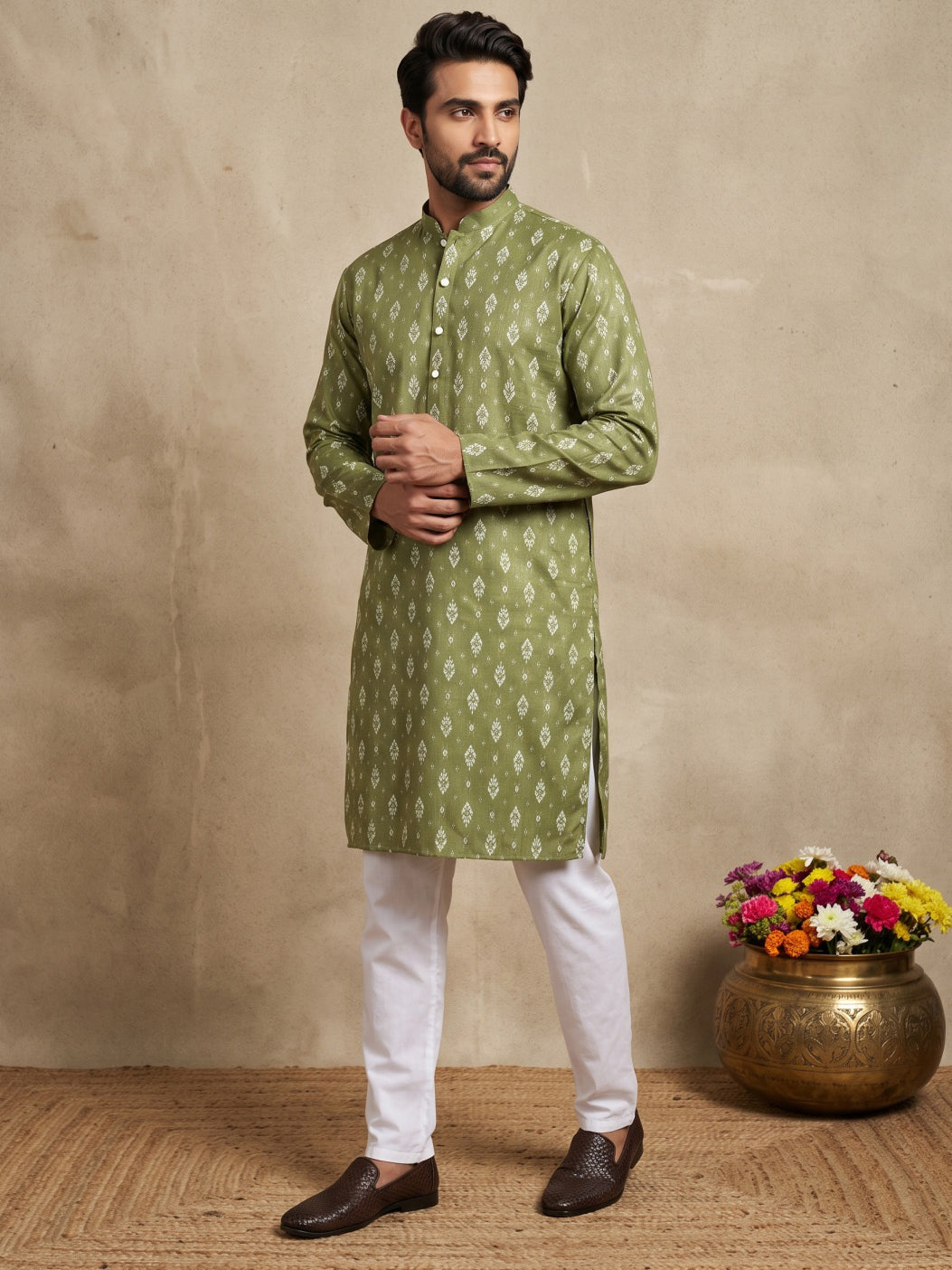 Men's Foil Print Traditional Kurta Pyjama ( 65KP W F 5630 Olive )
