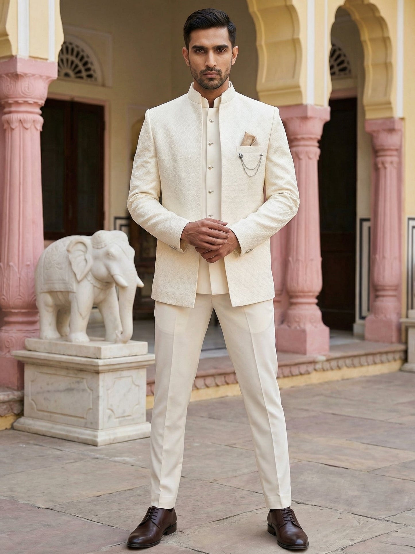Men Woven Jacquard Indo-Western Set ( 50JIND 155Cream S )
