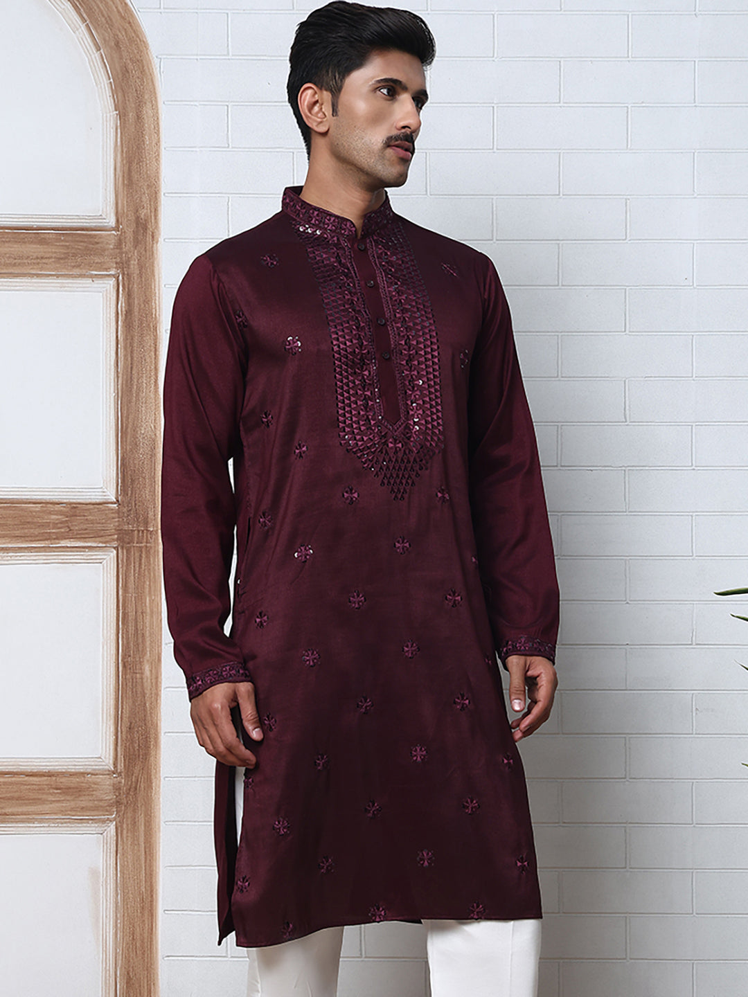 Men Silk Blend Festive Embroidered Kurtas ( ANMKO 286Maroon )  [RT] [M-6]