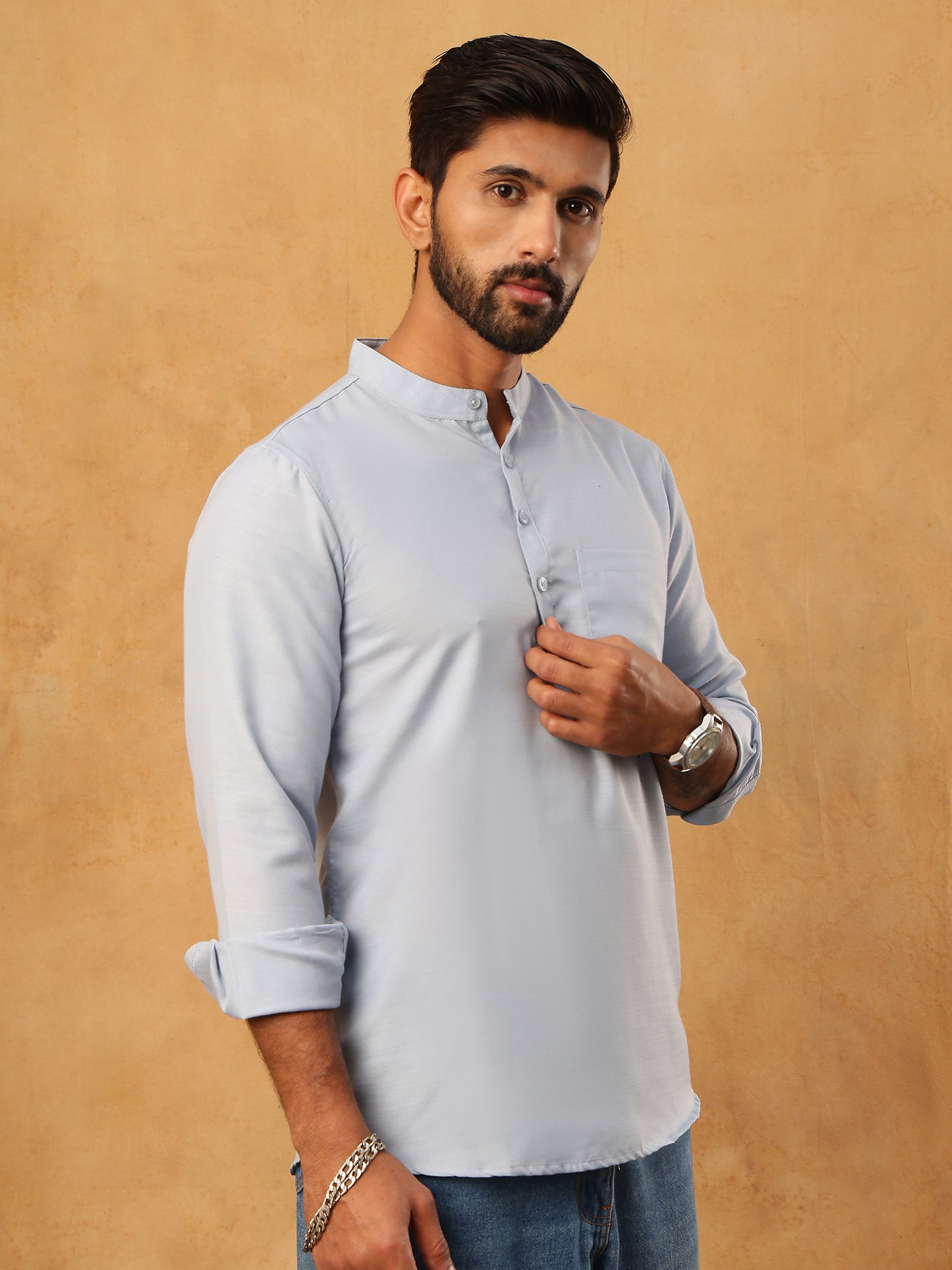 Solid Casual Short Kurta for Men ( ANMKO 304Sky )