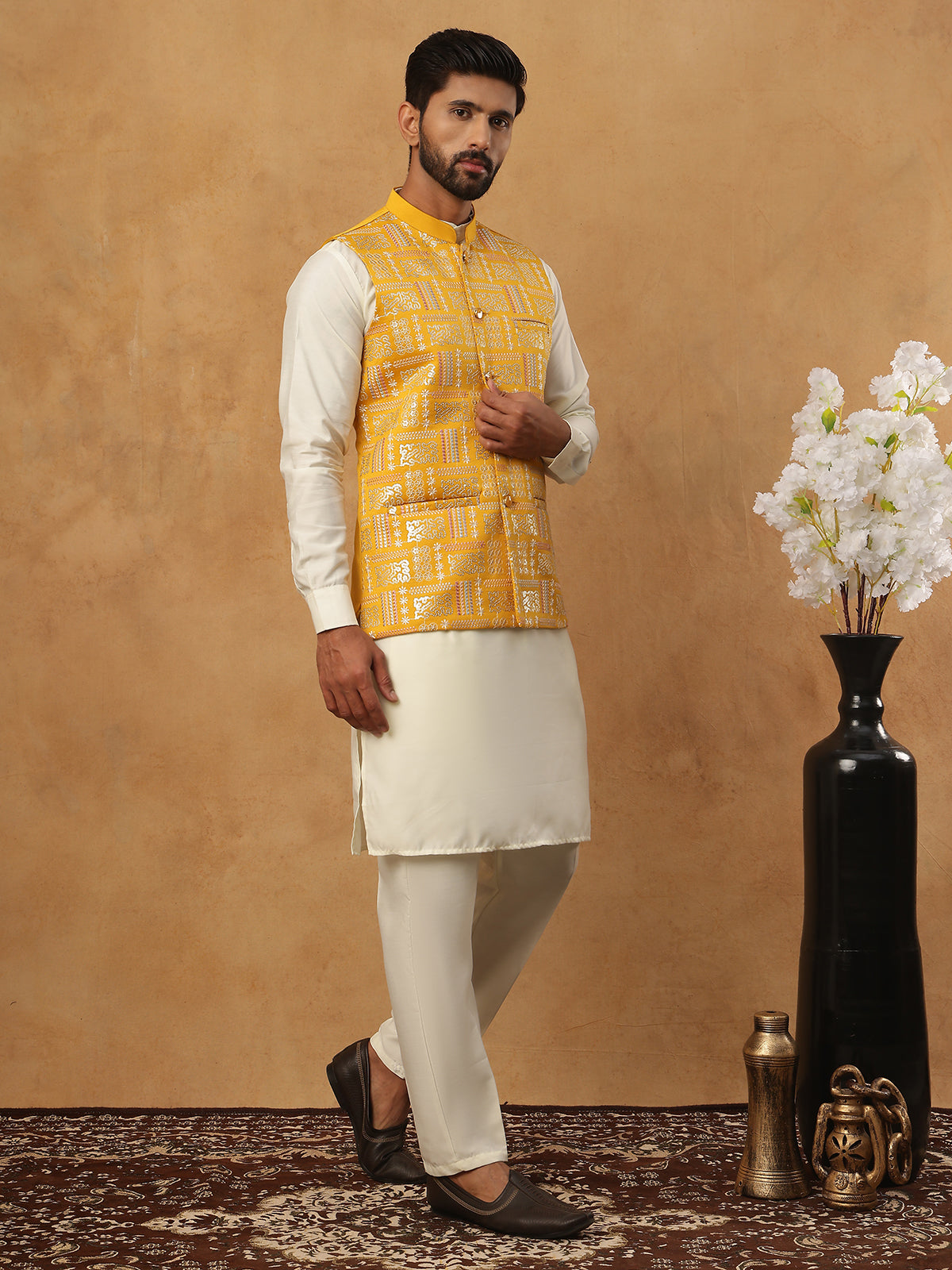 Embroidered Nehru Jacket Set with Solid Kurta Pyjama (65KPWC 592W 4150 Mustard )
