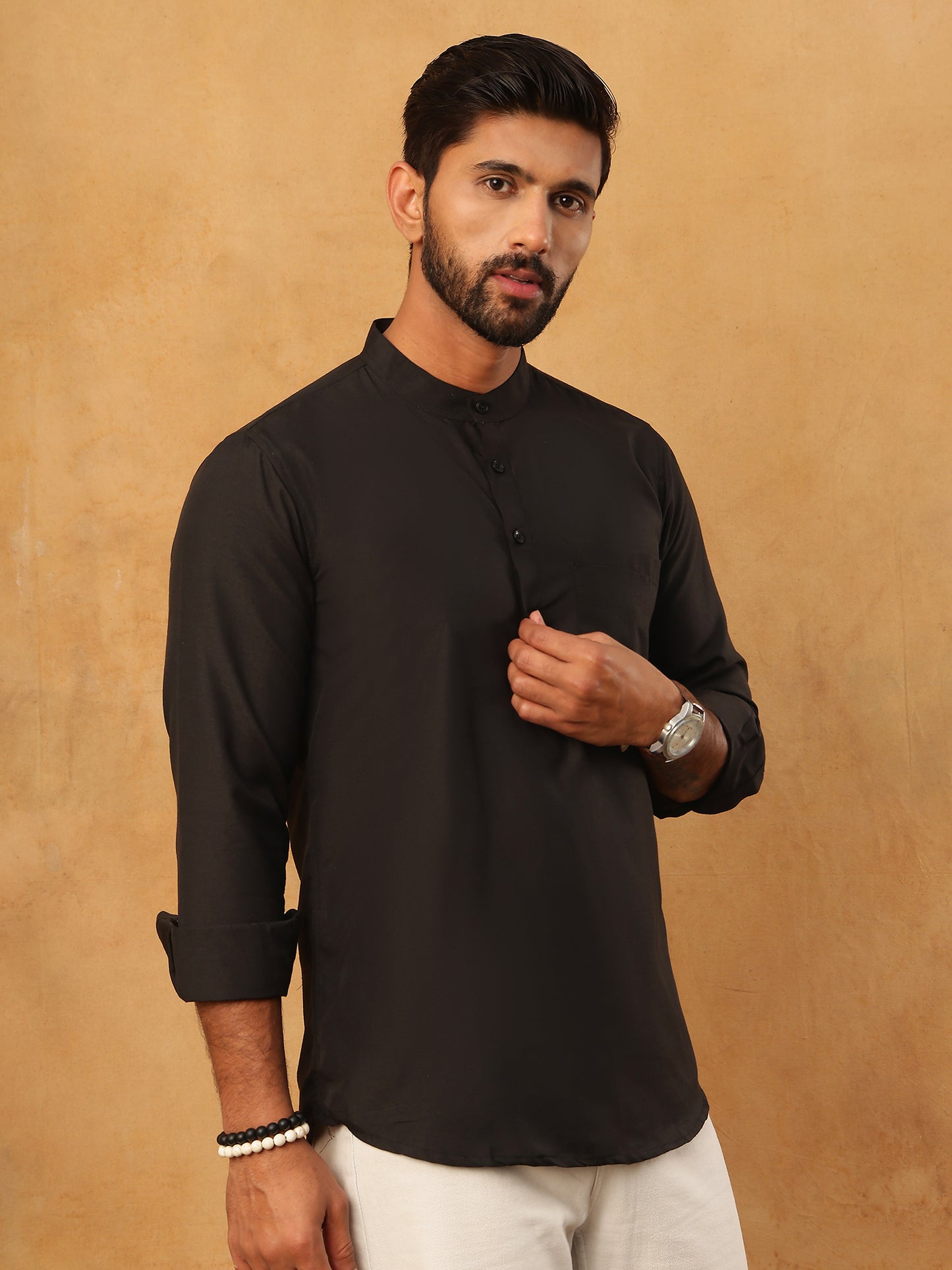 Solid Casual Short Kurta for Men ( ANMKO 304Black )