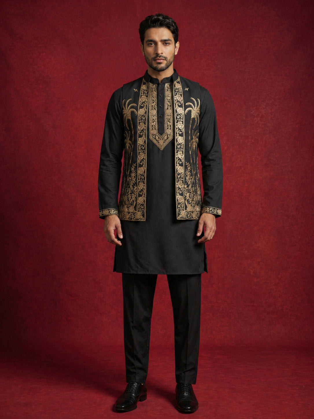 Men's Embroidered Waistcoat and Kurta Pyjama ( JOKPWCS 5080Black )