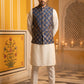 Men's Navy Blue Printed Nehru Jacket With Solid Kurta Pyjama ( JOKPWC 592W 4032Navy )