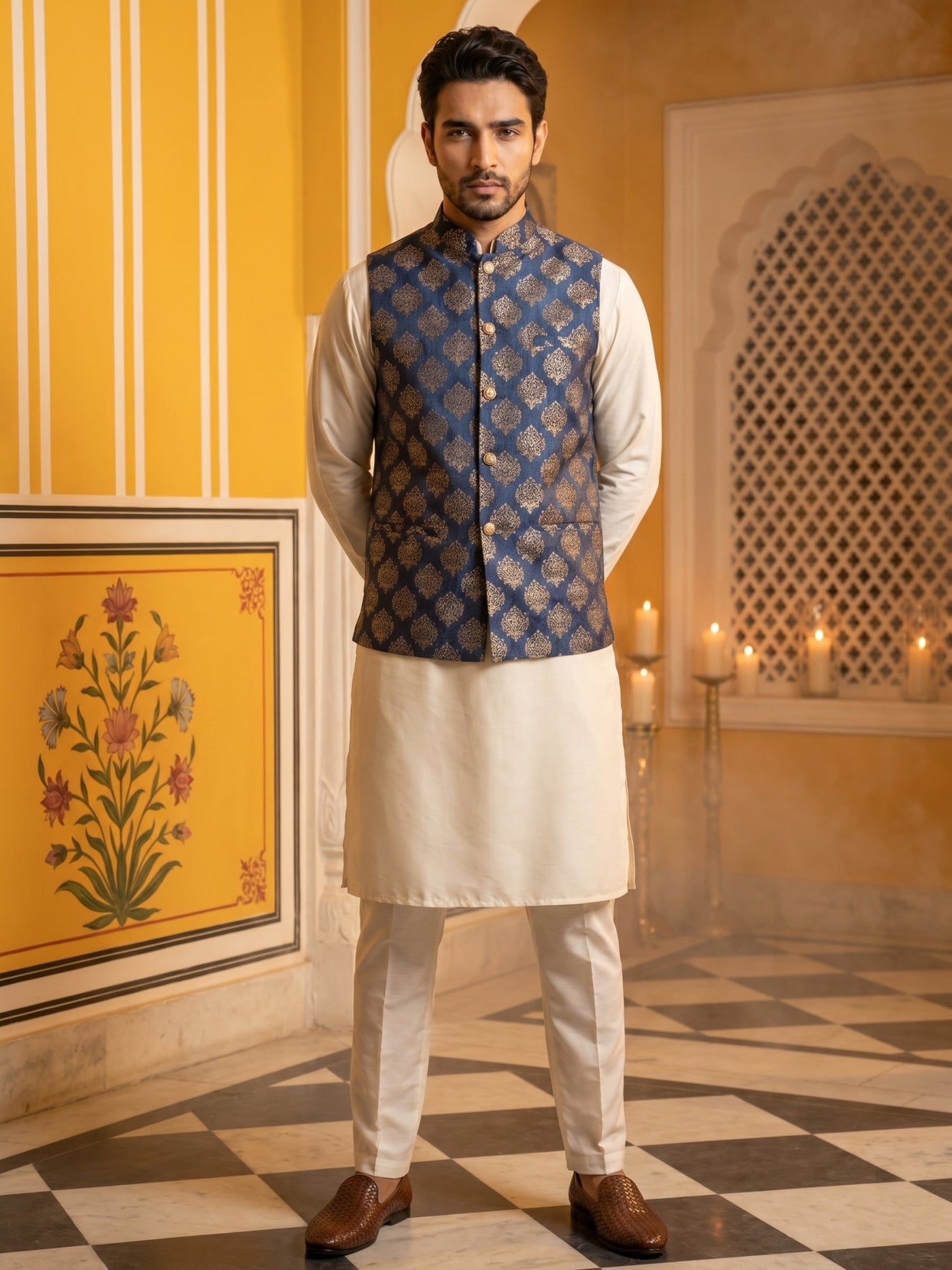 Men's Navy Blue Printed Nehru Jacket With Solid Kurta Pyjama ( JOKPWC 592W 4032Navy )