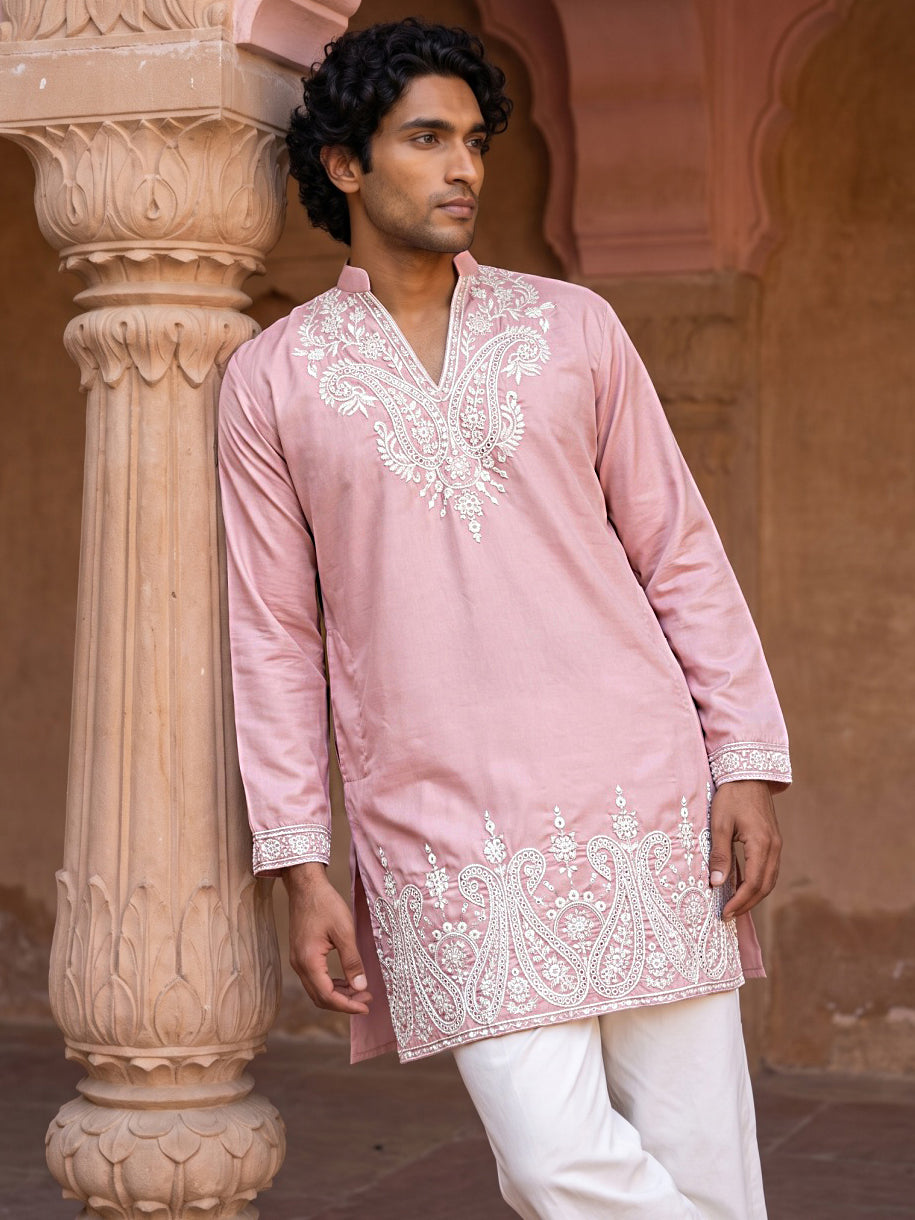 Embroidered Cotton Blend Kurta with Korean Pants ( 65KP PJ11W C 5635 Pink )