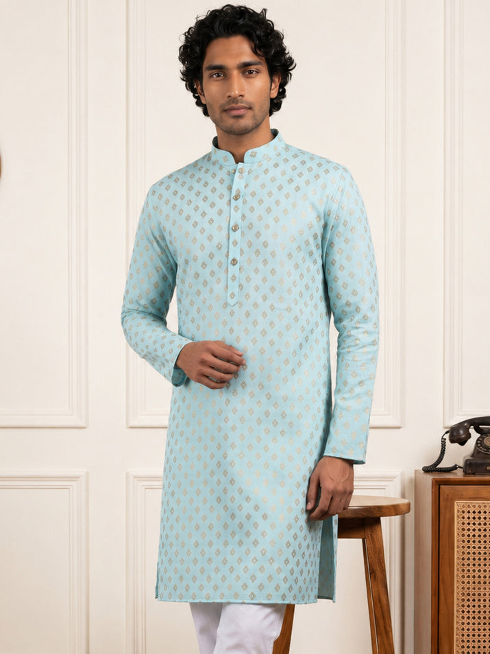 Men's Foil Print Traditional Kurta ( 65KO 5642 Sky )