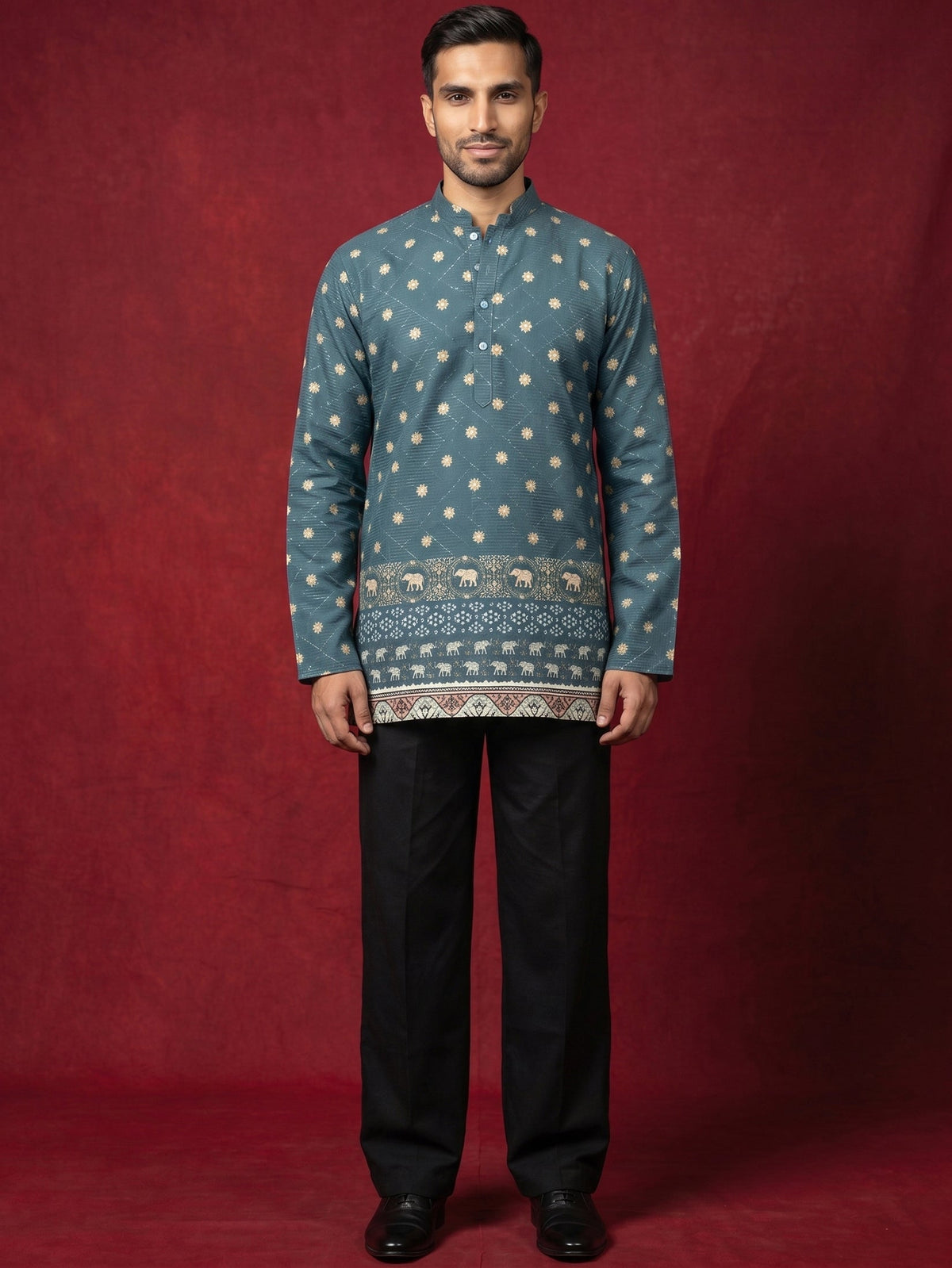 Men's Cotton Blend Printed Kurta with Korean Pants Set ( 65KP PJ11B 5593Teal ) [FF] [H-9]