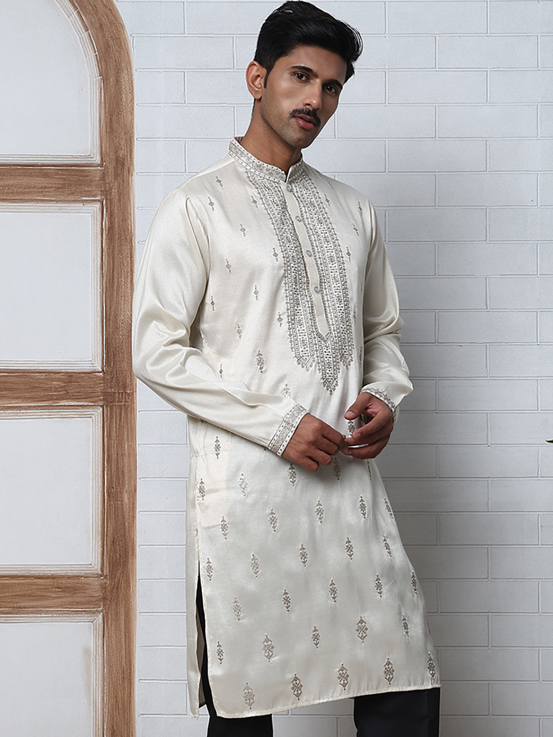 Silk Blend Ethnic Embroidered Kurtas ( ANMKO 296Off-White )