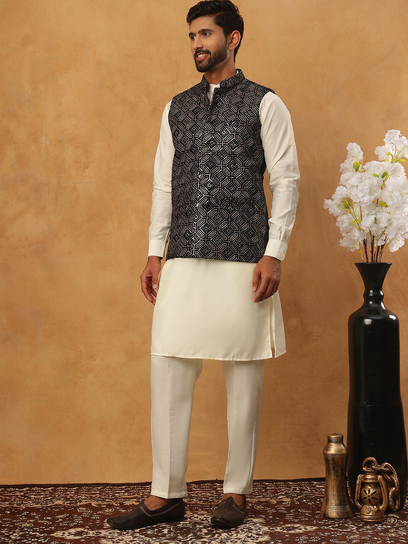 Velvet Embroidered Nehru Jacket Kurta Pyjama Set ( HOPKPWC_592W_7029Black )