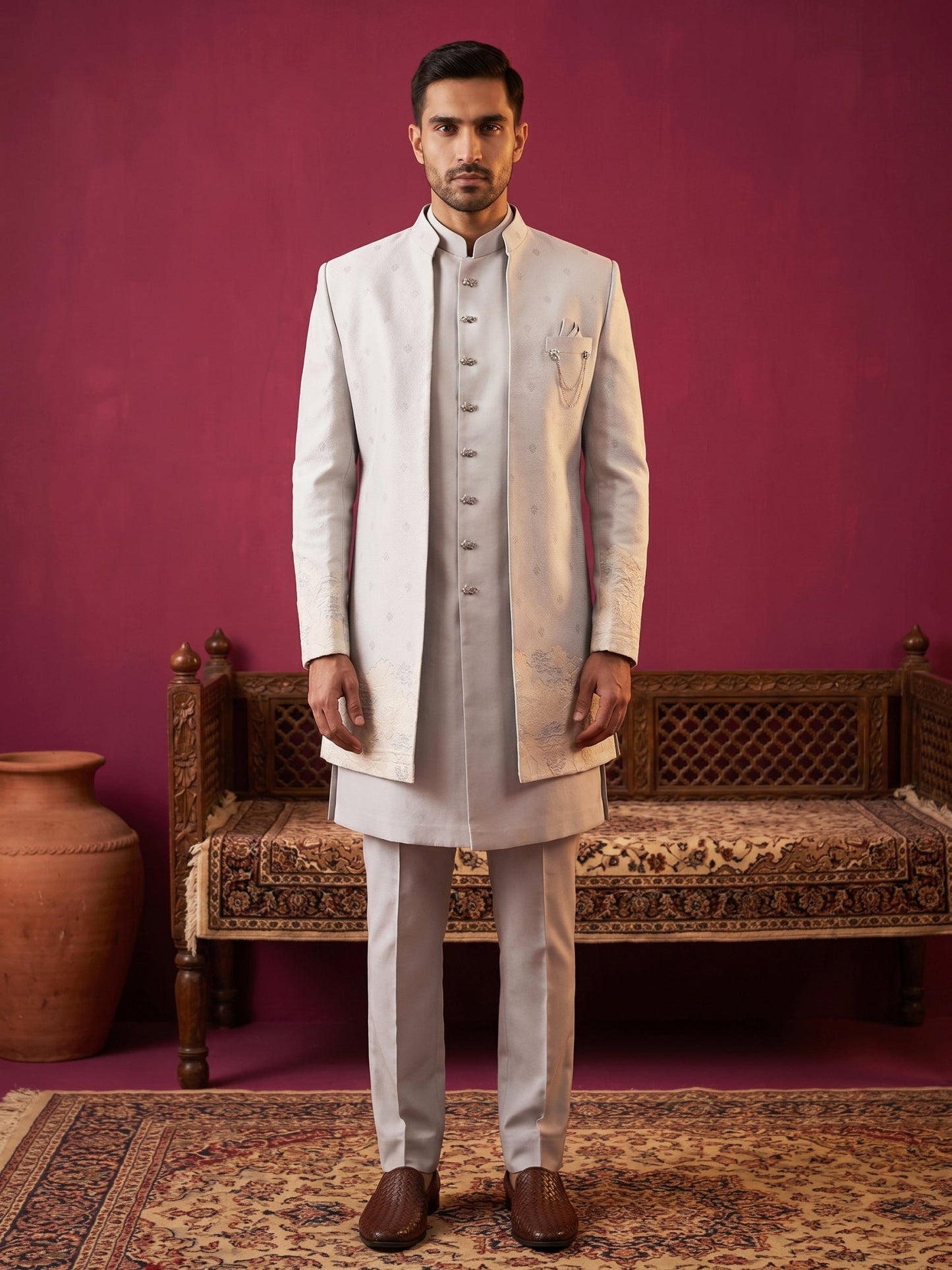 Floral Design Jacquard Silk Indo-Western Set for Men