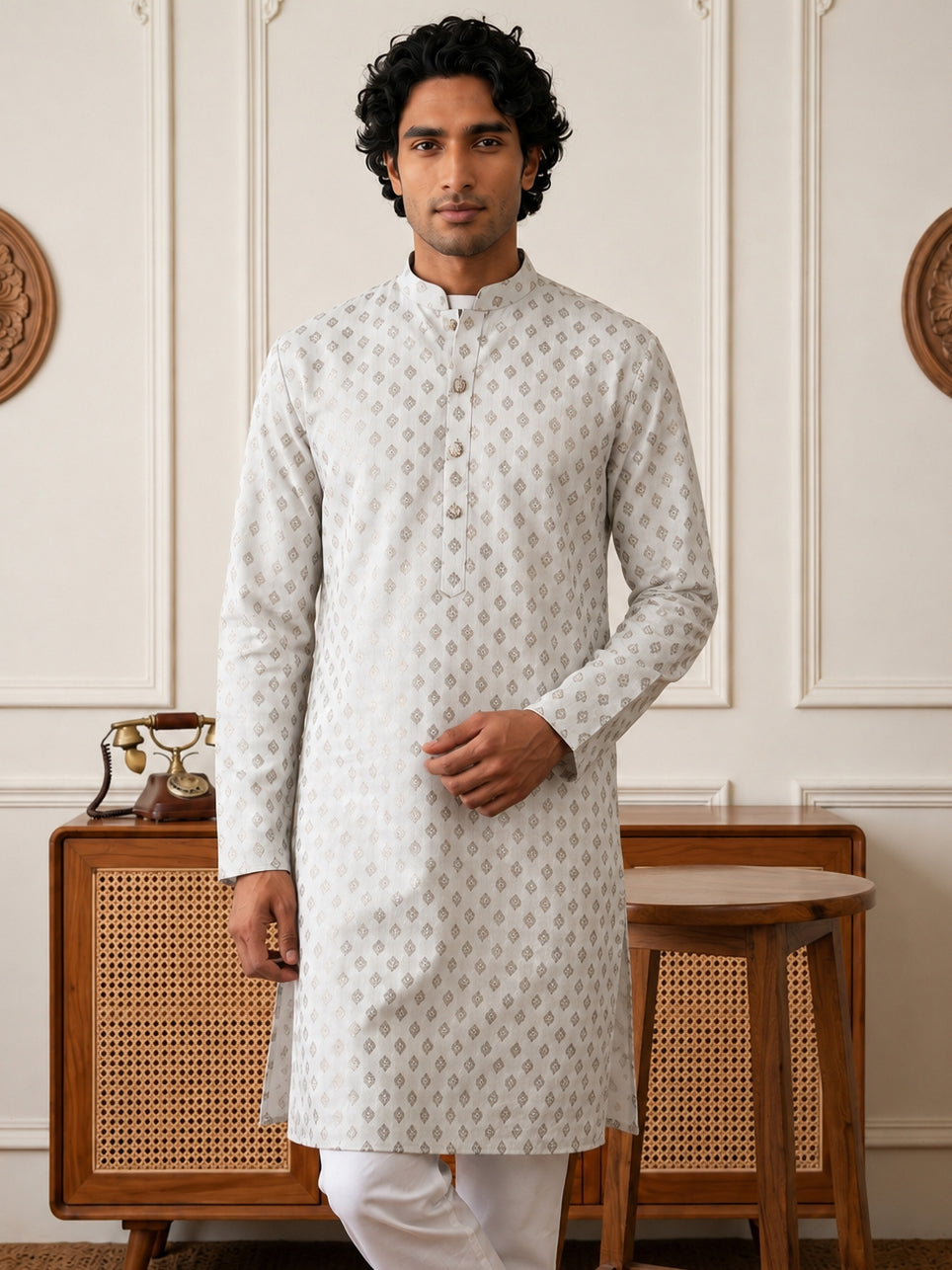 Men's Foil Print Traditional Kurta Pyjama ( 65KP W F 5642 White )