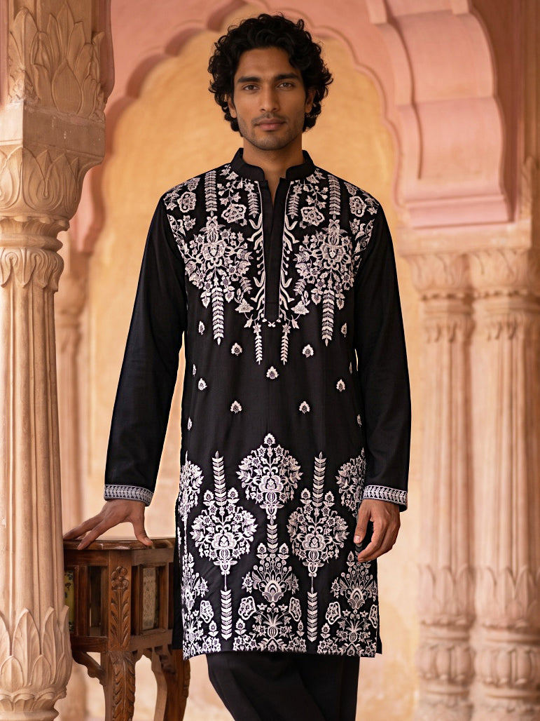 Embroidered Cotton Blend Kurta with Korean Pants ( Z JKP PJ11B C 5636 Black )