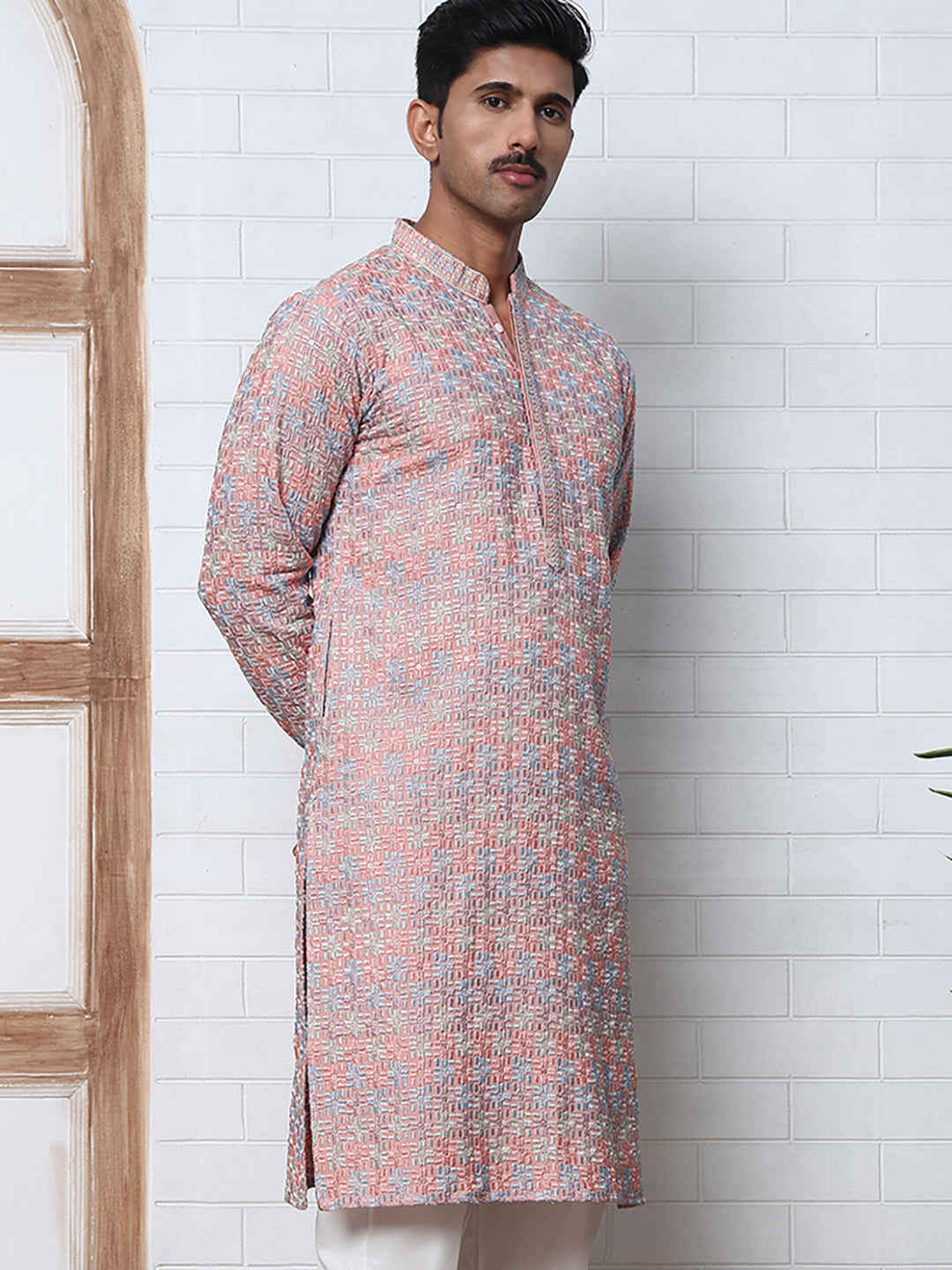 Viscose Rayon Self-Design Embroidered Kurtas ( ANMKO 278Peach )  [RT] [M-6]